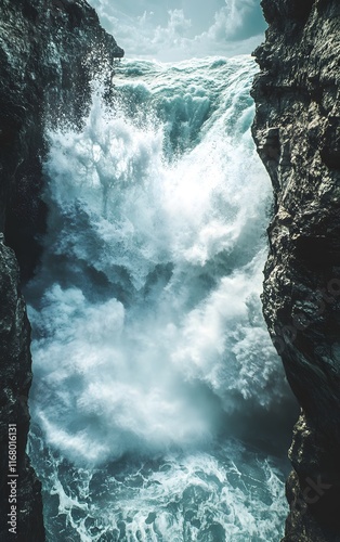 Water crashing over a cliff into a deep pool below, creating a constant, thunderous roar, waterfall cliff, untamed water power photo