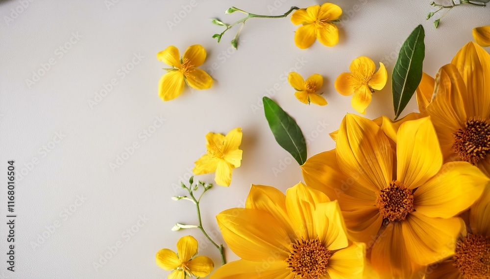 Obraz premium Yellow flowers on light backdrop, copy space. Generated image