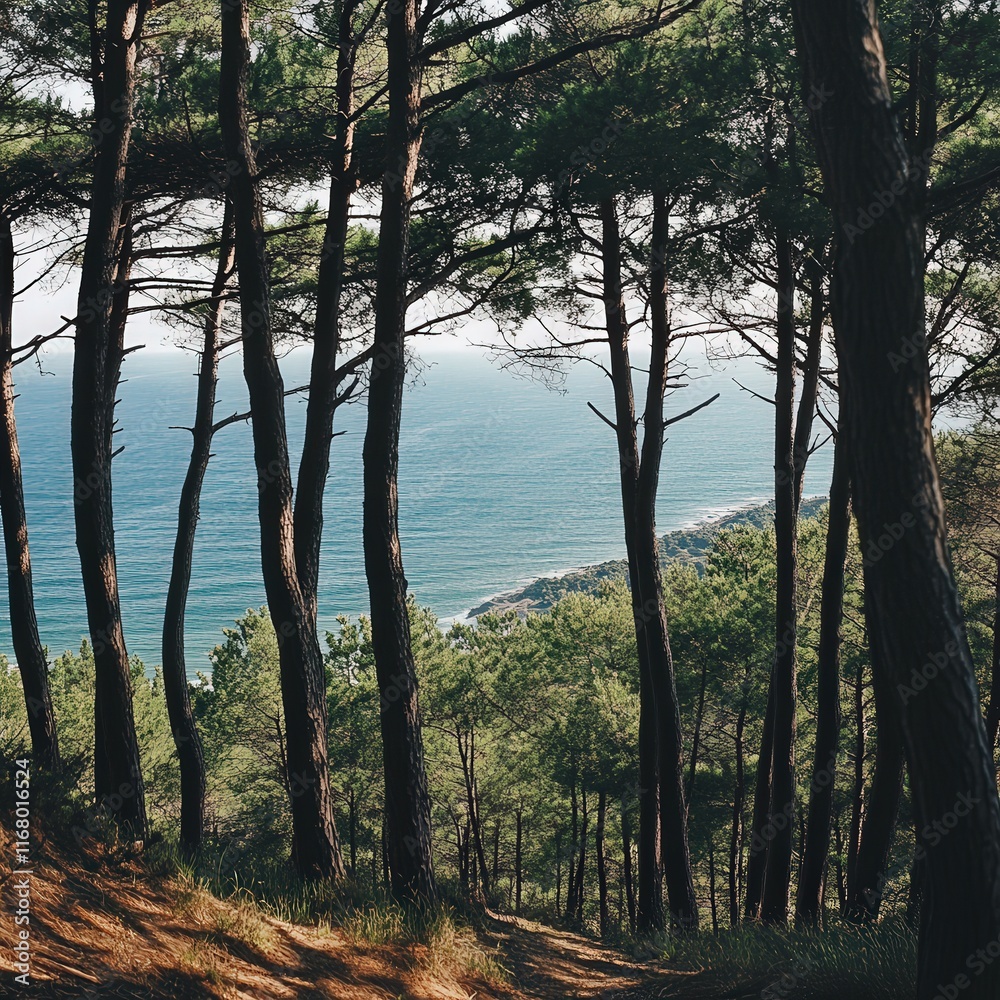 pine forest with a view of the sea. The quiet, towering trees provide a sense of peace, pine forest with a view of the sea. The quiet, towering trees provide a sense of peace,