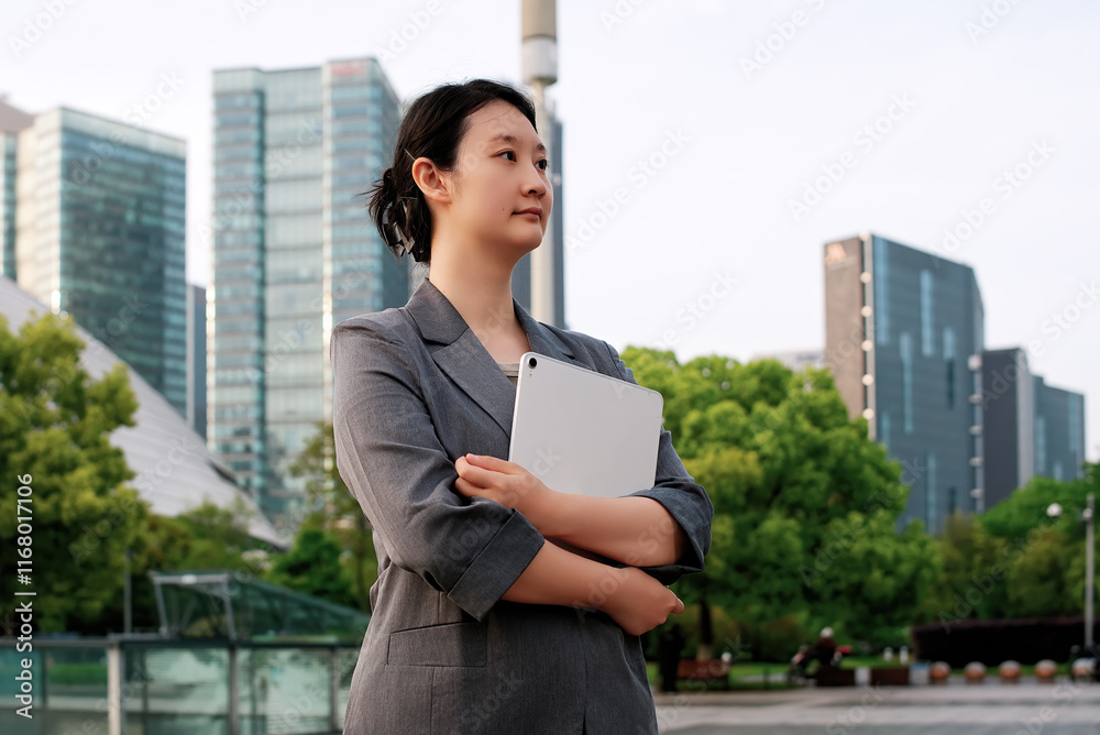 Confident Businesswoman in Urban Landscape with Tablet Computer Confident Businesswoman in Urban Landscape with Tablet Computer