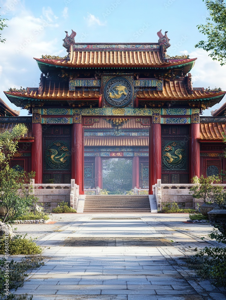 traditional Chinese palace, showing off its detailed architecture, towering gates, and symbolic dragon motifs on the columns. traditional Chinese palace, showing off its detailed architecture, towering gates, and symbolic dragon motifs on the columns.
