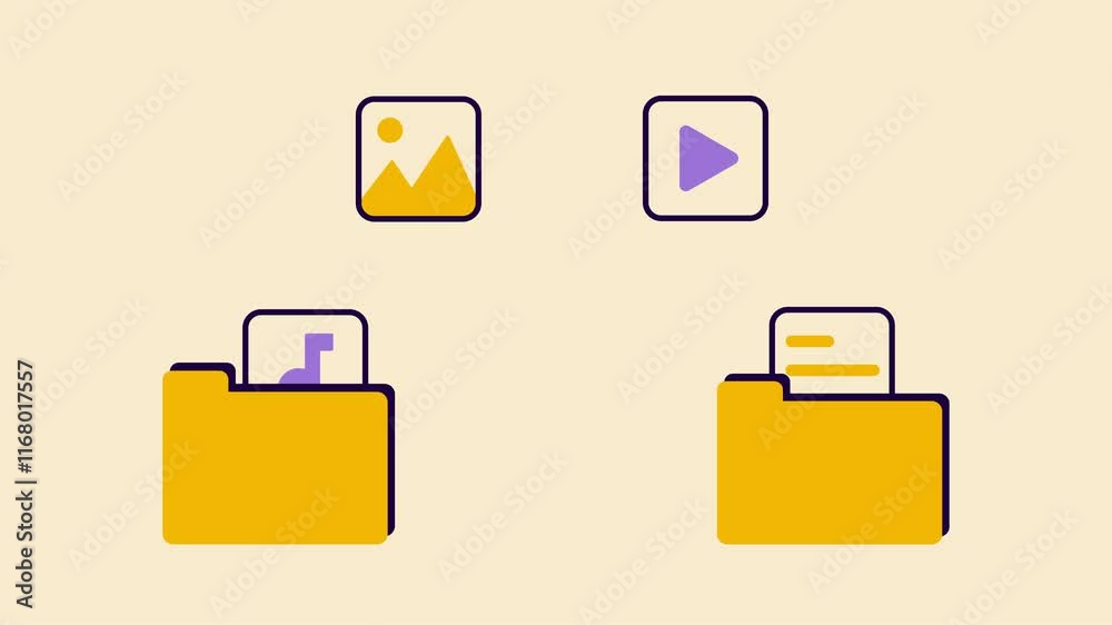 Animated illustration of an organized file folder containing multimedia icons, including images, videos, and documents, on a minimalist beige background. Perfect for data management concept