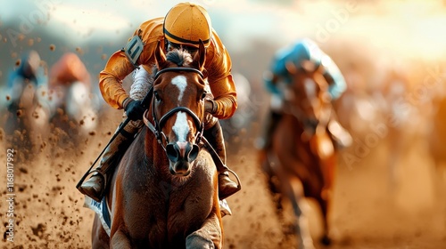 Horses Sprinting on Dirt Track in Vibrant Environment
