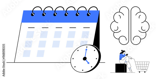 Calendar and clock suggesting time management, brain representing creativity, person with shopping cart relaxing. Ideal for productivity, work-life balance, planning, creativity, scheduling