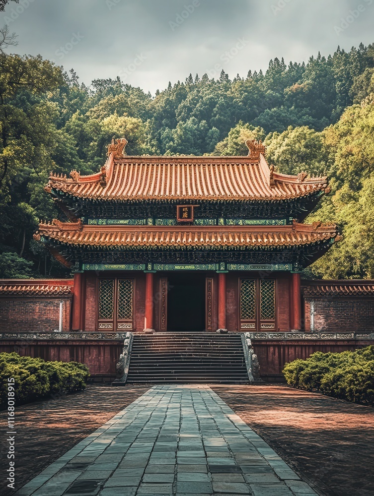 Fototapeta premium Chinese palace from the imperial era, showcasing the intricate carvings on the palace's doors,