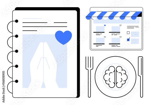 Notebook with praying hands, website interface with blue accents, and a plate with brain flanked by cutlery. Ideal for mindfulness, diet, meditation, digital use, brain food, website design abstract