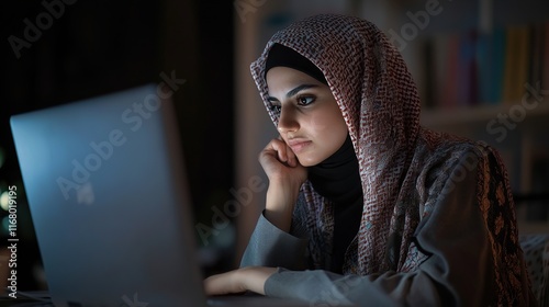 a Saudi Arabian student wearing the traditional Saudi dress, studying at home through an educational platform for distance learning