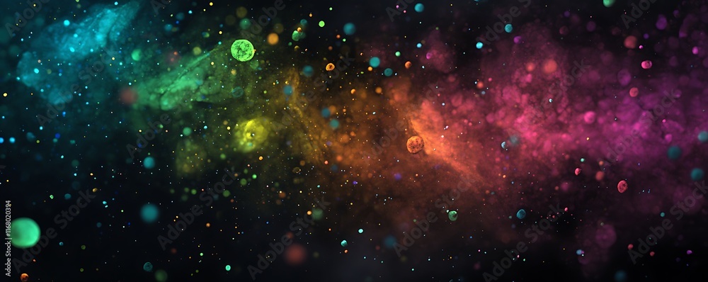 Fototapeta premium Abstract floating particles illuminated by neon light beams in digital space 