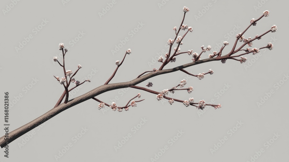 A delicate branch with budding flowers against a neutral background. A delicate branch with budding flowers against a neutral background.