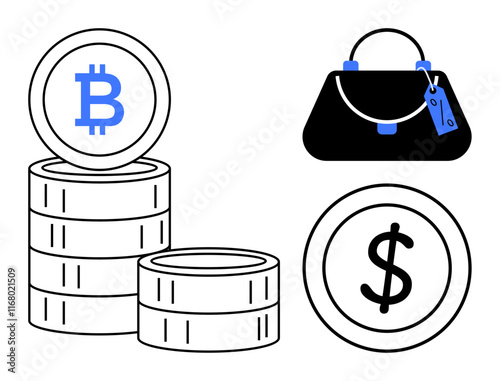 Stacked coins with Bitcoin and dollar symbols, along with a handbag and price tag. Ideal for finance, cryptocurrency, digital transactions, e-commerce, investments, wealth management, economic