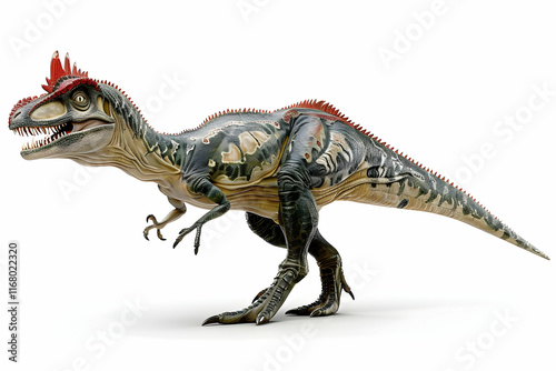 Fototapeta Naklejka Na Ścianę i Meble -  A male Dilophosaurus, a fearsome carnivorous theropod dinosaur from the Early Jurassic period, is depicted in stunning detail against a pristine white background