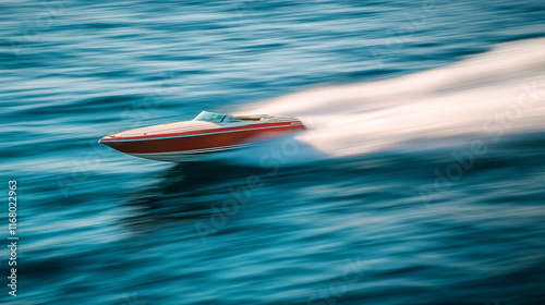 sleek speedboat glides swiftly across shimmering water, creating dynamic waves and sense of exhilaration. vibrant colors and motion capture thrill of boating photo