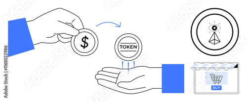 Hands exchanging a dollar coin for a digital token, cryptocurrency symbol with an eye and triangle, online shopping cart showcasing a Buy button. Ideal for finance, cryptocurrency, e-commerce