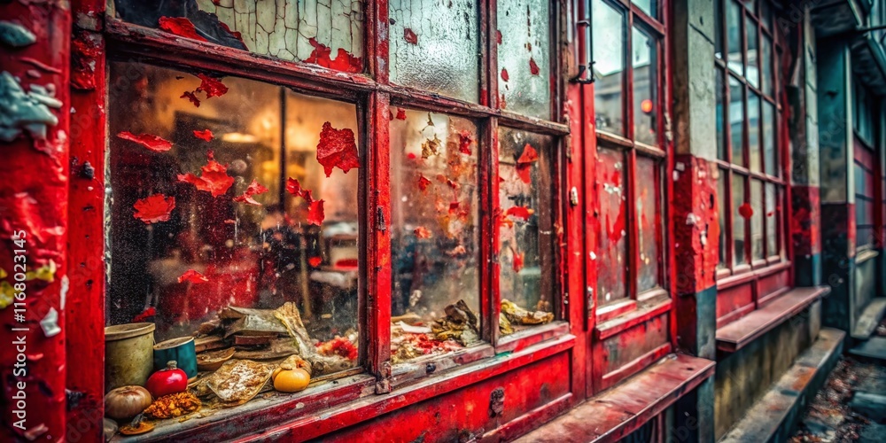 Abandoned Shop Window with Red Letter S Stickers, Decaying Food Photography Abandoned Shop Window with Red Letter S Stickers, Decaying Food Photography