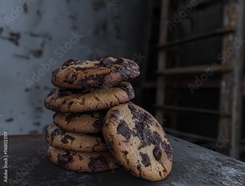 Stack of chocolate chip cookies on rustic surface. photo