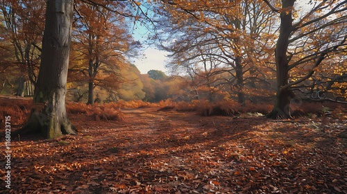 A beautiful autumn landscape with golden leaves covering the ground and trees in vibrant shades of orange and red. photo