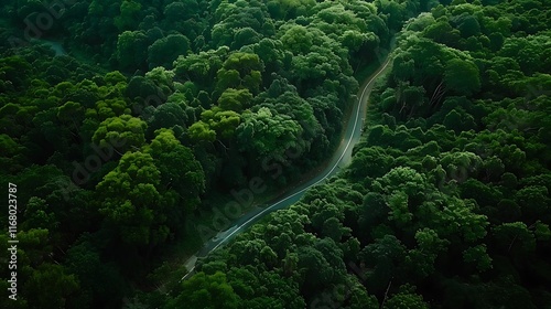 A bird's-eye view of a winding road through a dense green forest, aerial photography trend photo