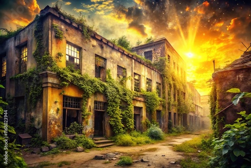 Abandoned Urban Building, Gold Watercolor Texture Background - Stock Photo