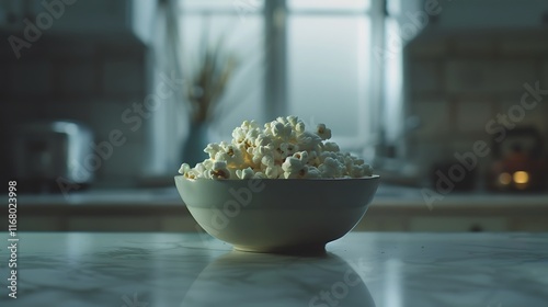 A bowl of fluffy white popcorn with a single kernel out of place, set on a marble countertop, cinematic composition photo