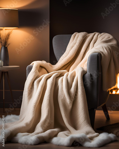 ozy chair, blanket on chair, warm and cozy, armchair with blanket, comfortable seating, cozy living room, soft blanket, relaxing chair, cozy corner, reading chair, snug chair, plush blanket, comfortab photo