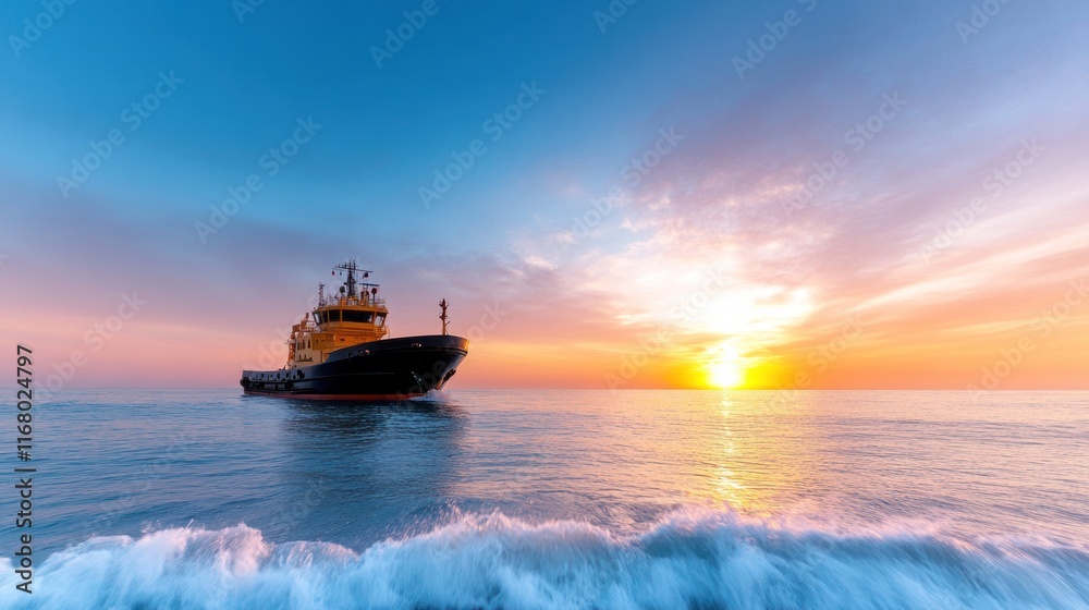 Obraz premium A tugboat at sunset on calm waters, highlighting maritime activity.