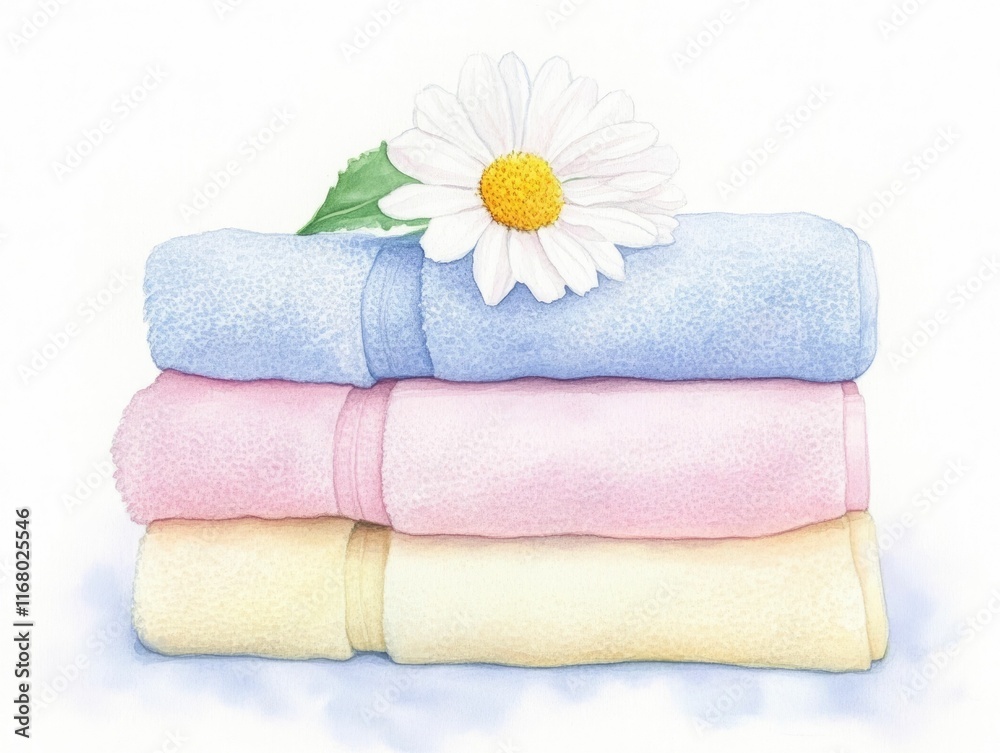 Whimsical watercolor fluffy spa towels stacked in soothing pastel tones of pink blue yellow and green with a delicate flower resting gracefully on top creating a peaceful calming Whimsical watercolor fluffy spa towels stacked in soothing pastel tones of pink blue yellow and green with a delicate flower resting gracefully on top creating a peaceful calming