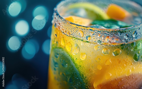 Refreshing Citrus Cocktail with Ice Cubes Closeup Photography in a Glass photo