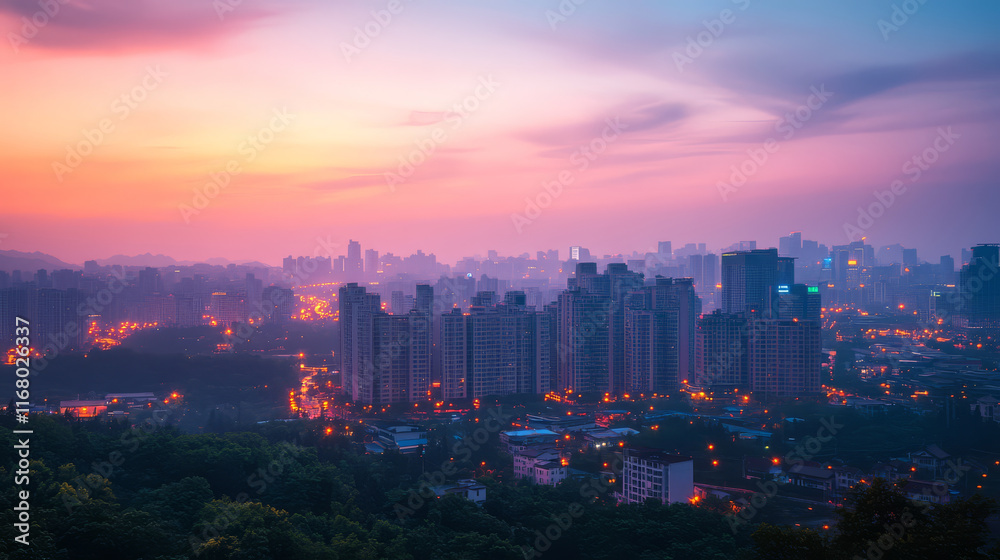 Obraz premium stunning skyline view of modern urban city at dusk, showcasing tall buildings illuminated by city lights against colorful sky. atmosphere is serene and captivating