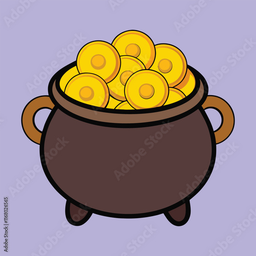 A detailed coloring page of a cast iron pot overflowing with shiny golden coins, surrounded by clovers and sparkles, inviting creativity with rich textures and intricate designs.