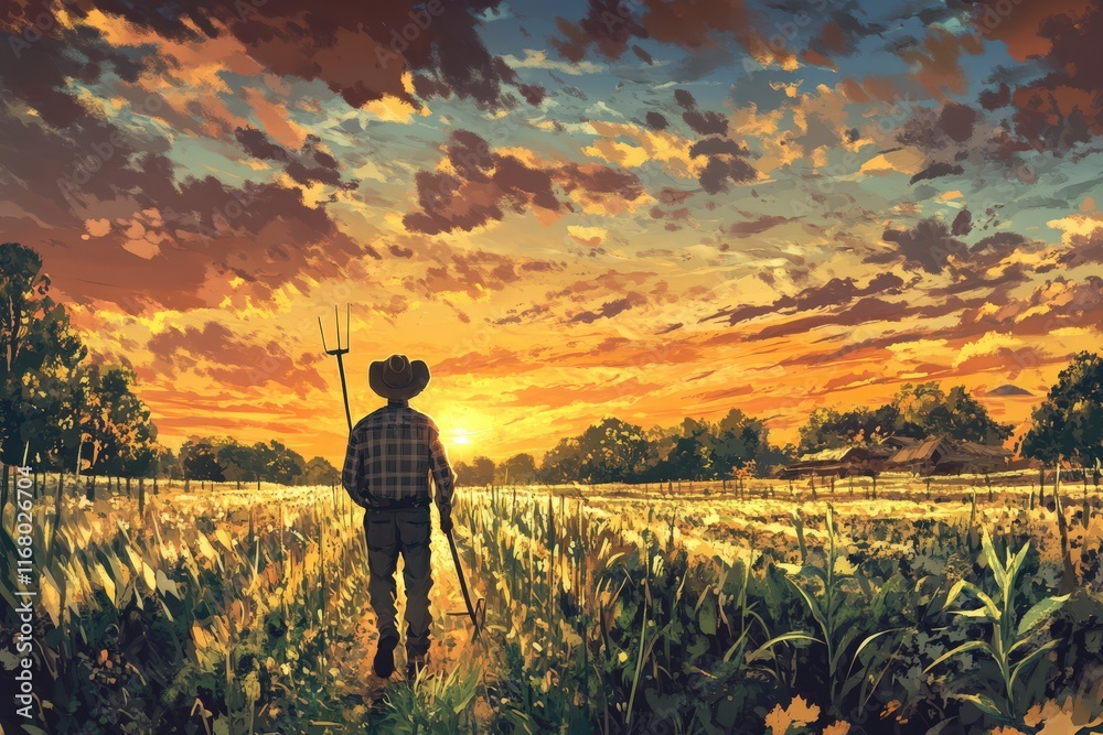 Fototapeta premium Farmer Walks Through Field at Sunset
