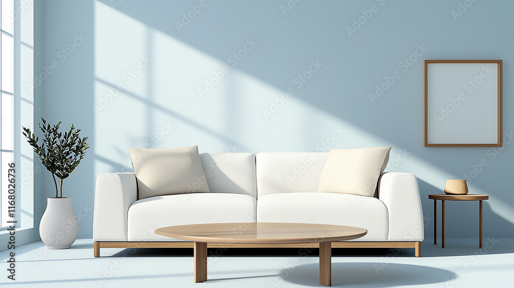 Modern Minimalist Living Room Interior Design with White Sofa and Blue Walls Modern Minimalist Living Room Interior Design with White Sofa and Blue Walls