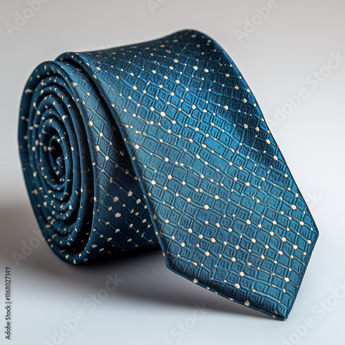 Teal blue tie with small geometric pattern, perfect for formal occasions. This stylish accessory adds touch of elegance to any outfit, making it must have for your wardrobe