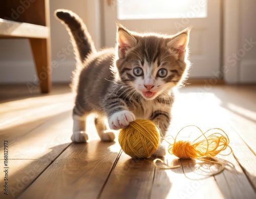 cat on the floor playing with yarn