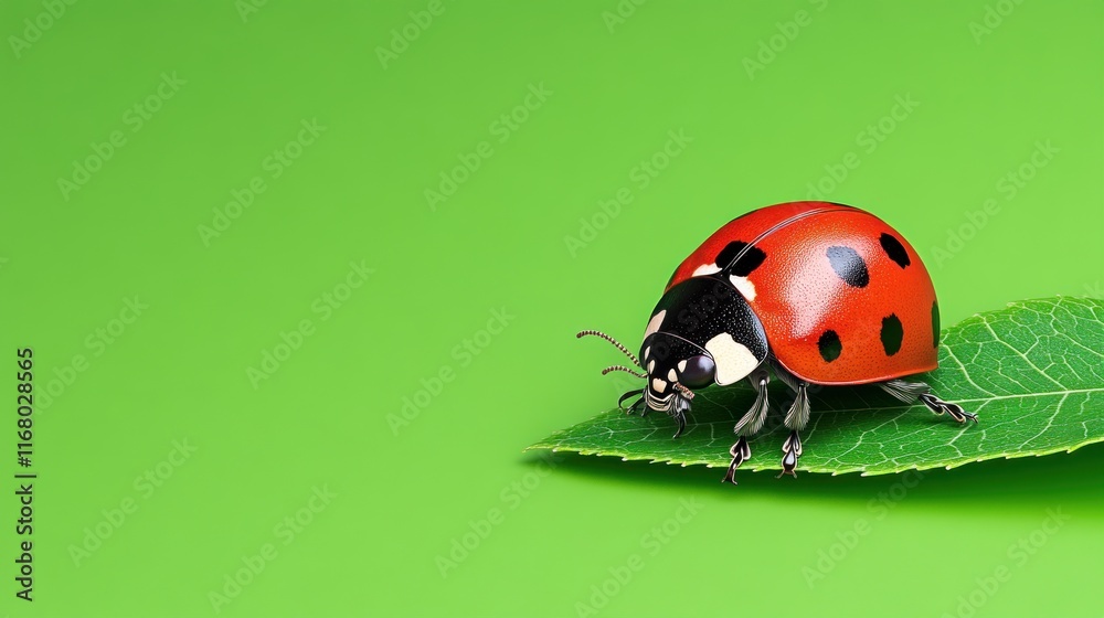Fototapeta premium A vibrant ladybug resting on a green leaf against a bright background.