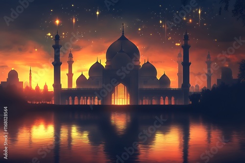 Majestic Mosque Silhouette At Sunset With Starry Sky photo