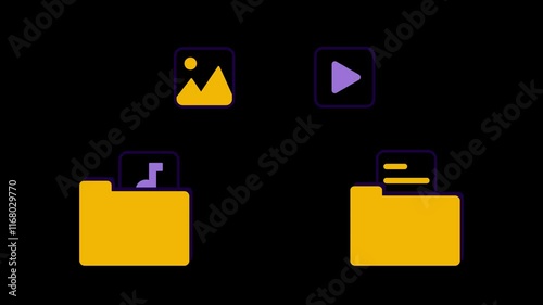 Animated illustration of an organized file folder containing multimedia icons, including images, videos, and documents, on a transparent background. Perfect for data management concept.