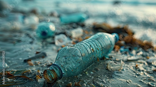 A close-up of plastic bottles and containers littering a beach or coastline
