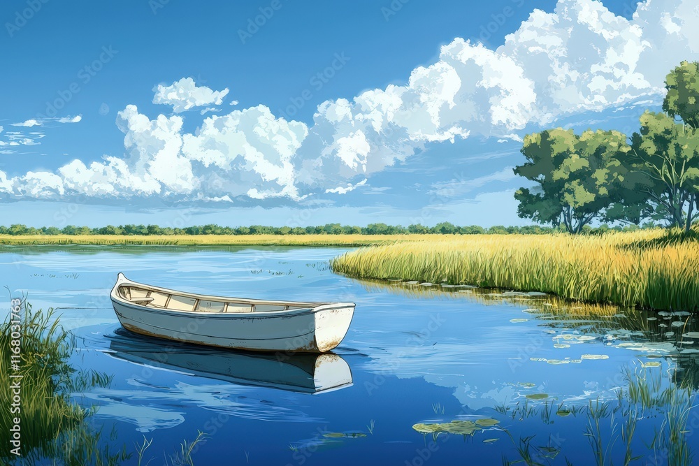 Obraz premium Serene Summer Day Boat on Calm Water