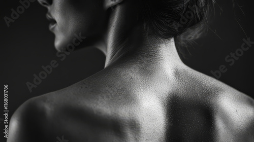 close up of woman shoulder muscles showcasing defined contours and skin texture in black and white. image highlights beauty of human form and strength