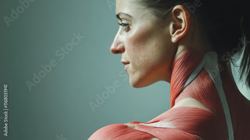 Muscle anatomy of woman shoulder, showcasing detailed muscle structure and definition. image highlights beauty of human anatomy and complexity of muscle fibers