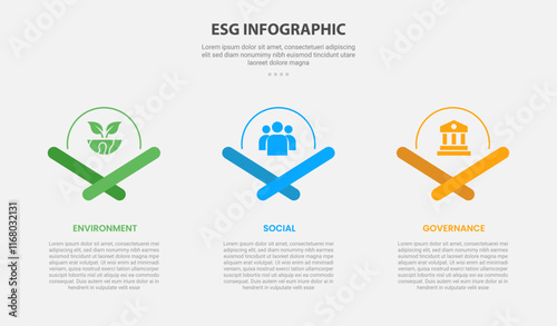 ESG infographic outline style with 3 point template with half circle and creative x footer for slide presentation