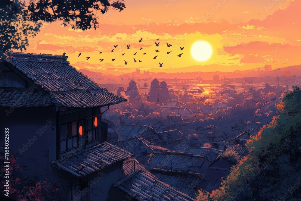 Obraz premium Asian Village Sunset Birdscape with Golden Sky