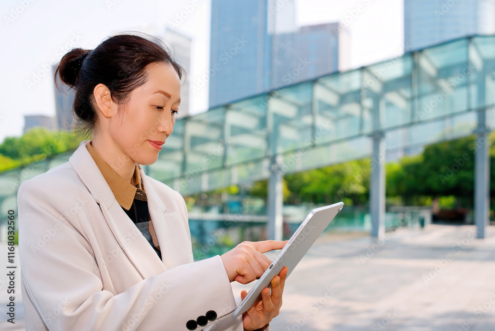 Professional Businesswoman Engaged with Tablet in Urban Setting