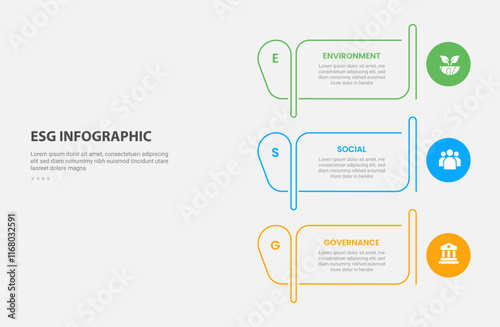 ESG infographic outline style with 3 point template with creative table outline and circle on edge for slide presentation