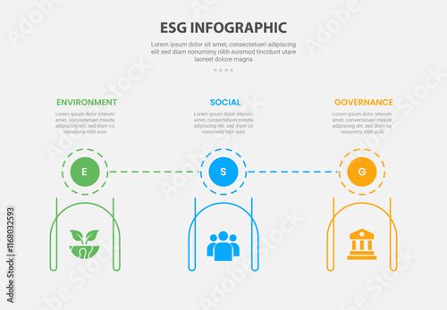 ESG infographic outline style with 3 point template with circle badge on top and creative line container at bottom for slide presentation
