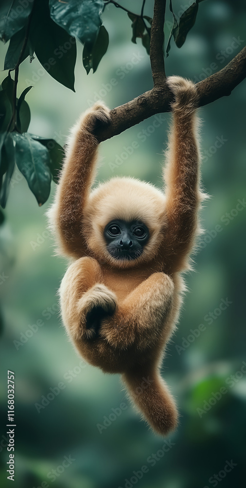 Naklejka premium Gibbons hanging upside down from a tree
