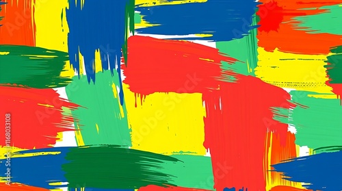 A vibrant and balanced seamless pattern painted in bold acrylics. Complementary colors contrast effectively, while textured brushstrokes add depth. The overall style is flat and contemporary
