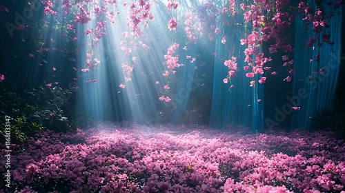 Fairy forest backdrop with pink flowers and blue curtains. Romantic cinematic lighting. 