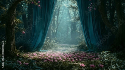 Fairy forest backdrop with pink flowers and blue curtains. Romantic cinematic lighting. 