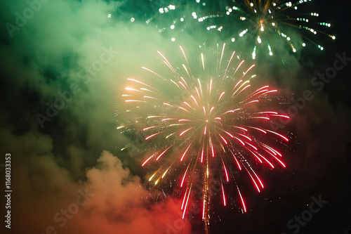festive fireworks, festive magazine cover, stream of consciousness dreamscape, diffuse gradient of red + gold + green, soft focus effect, minimalist style, vintage film texture